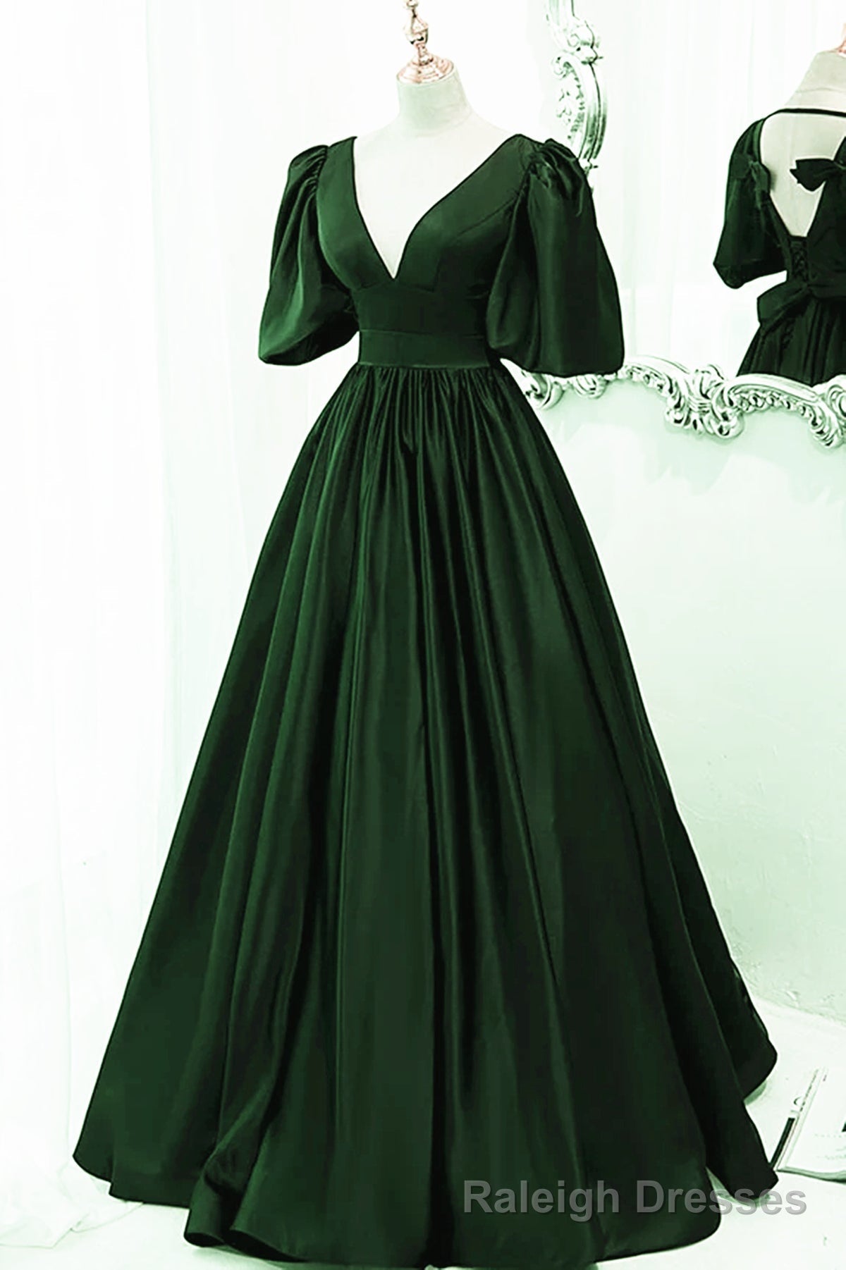Green Satin Short Sleeves Long Party Dress, Green Floor Length Evening Dress Prom Dress Main image