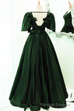 Green Satin Short Sleeves Long Party Dress, Green Floor Length Evening Dress Prom Dress