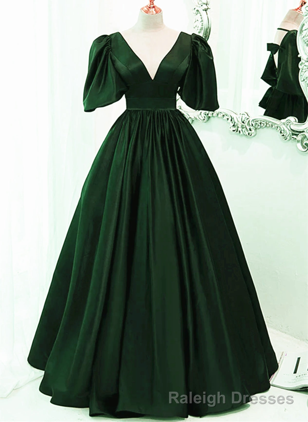 Green Satin Short Sleeves Long Party Dress, Green Floor Length Evening Dress Prom Dress Secondary image