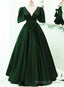Green Satin Short Sleeves Long Party Dress, Green Floor Length Evening Dress Prom Dress