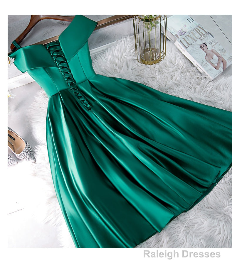 Green Satin Short Sweeetheart Off Shoulder Homecoming Dress, Green Short Party Dress Formal Dresses