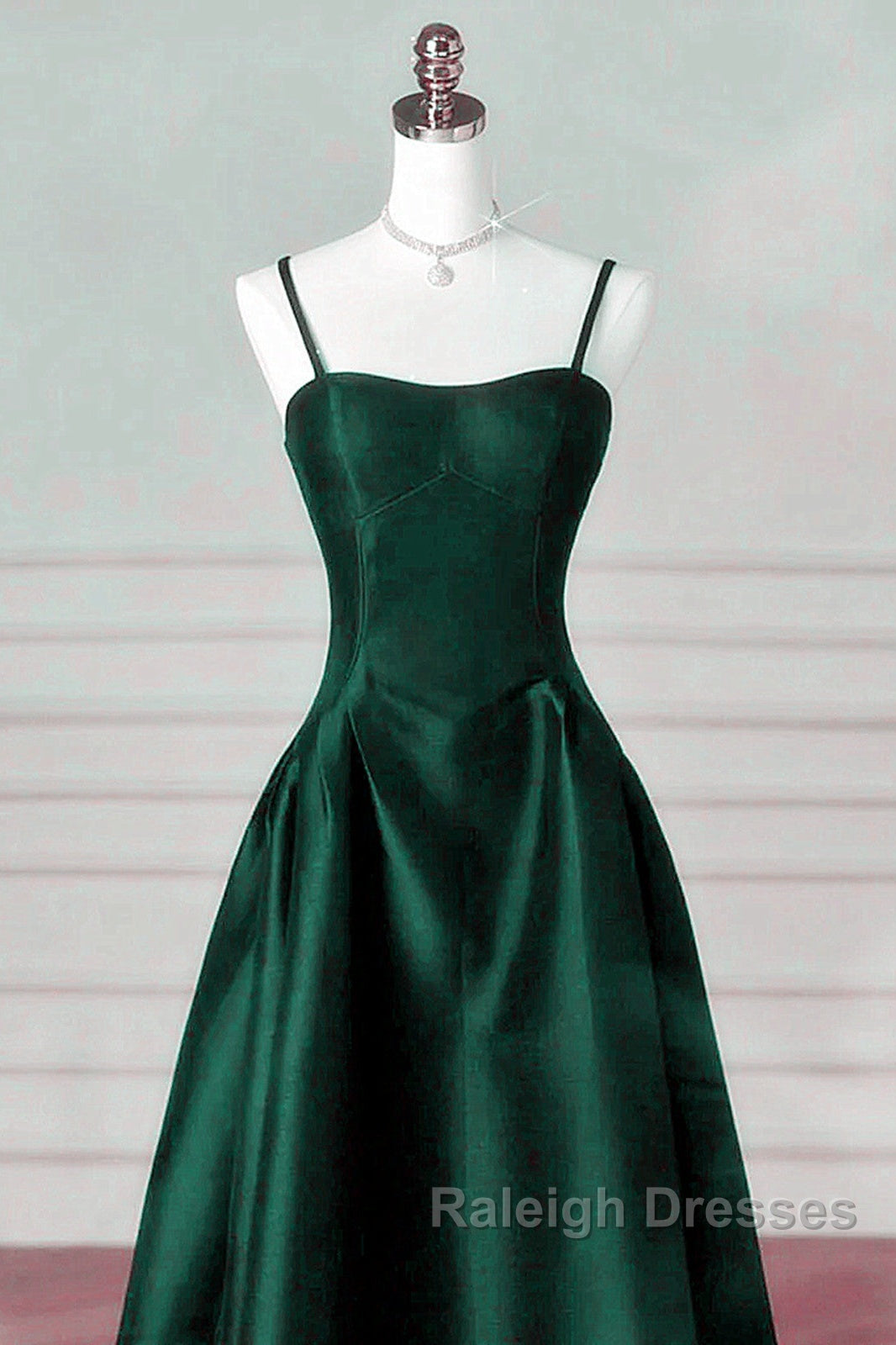 Green Satin Simple A-Line Floor Length Party Dress, Green Satin Straps Prom Dress Secondary image