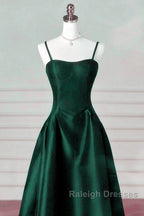 Green Satin Simple A-Line Floor Length Party Dress, Green Satin Straps Prom Dress