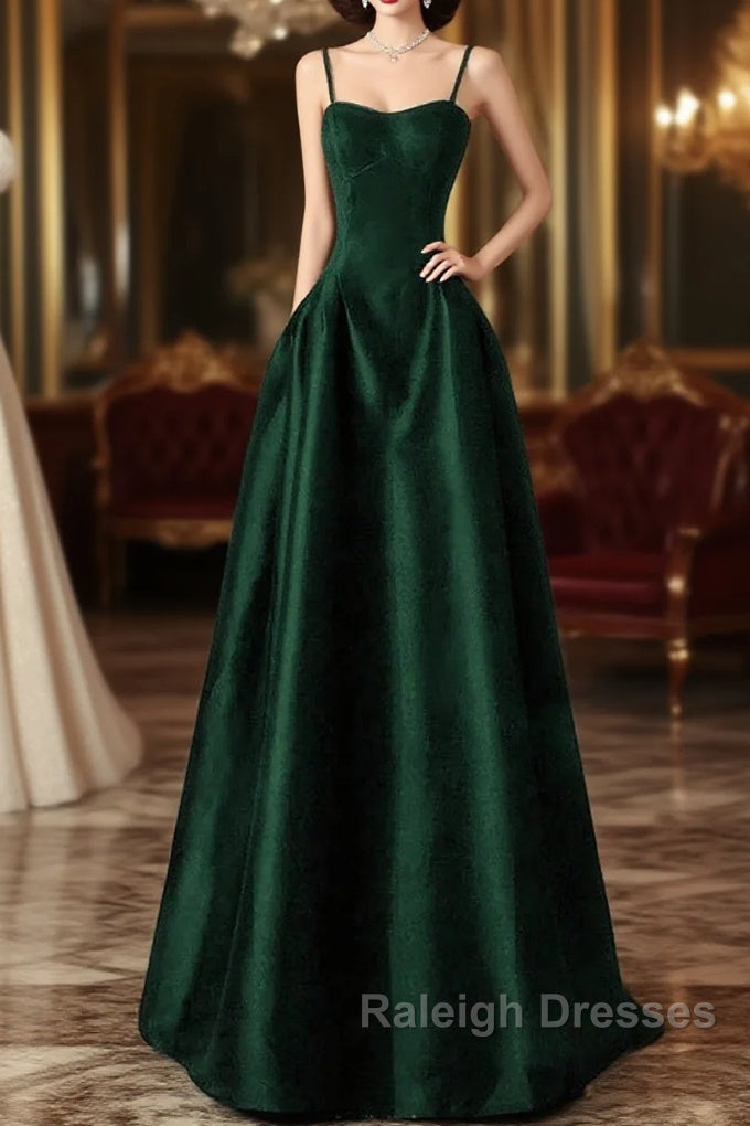 Green Satin Simple A-Line Floor Length Party Dress, Green Satin Straps Prom Dress Main image