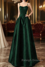 Green Satin Simple A-Line Floor Length Party Dress, Green Satin Straps Prom Dress