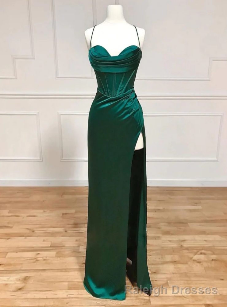 Green Satin Spaghetti Straps Backless Prom Dress Main image