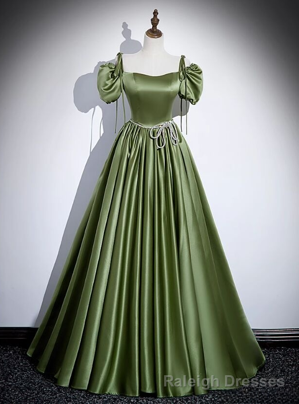Green Satin Spaghetti Straps Puff Sleeve Prom Dress Main image