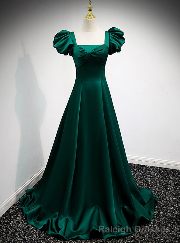 Green Satin Square Puff Sleeve Pleats Prom Dress Main image