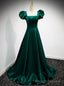 Green Satin Square Puff Sleeve Pleats Prom Dress