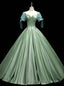 Green Satin Square Short Sleeve Button Quinceanera Dress