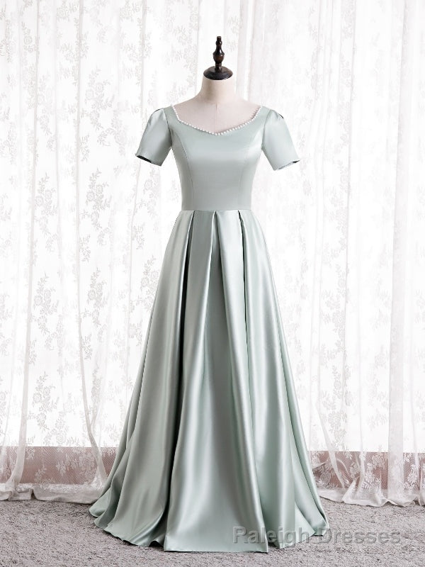Green Satin Square Short Sleeve Prom Dress Main image