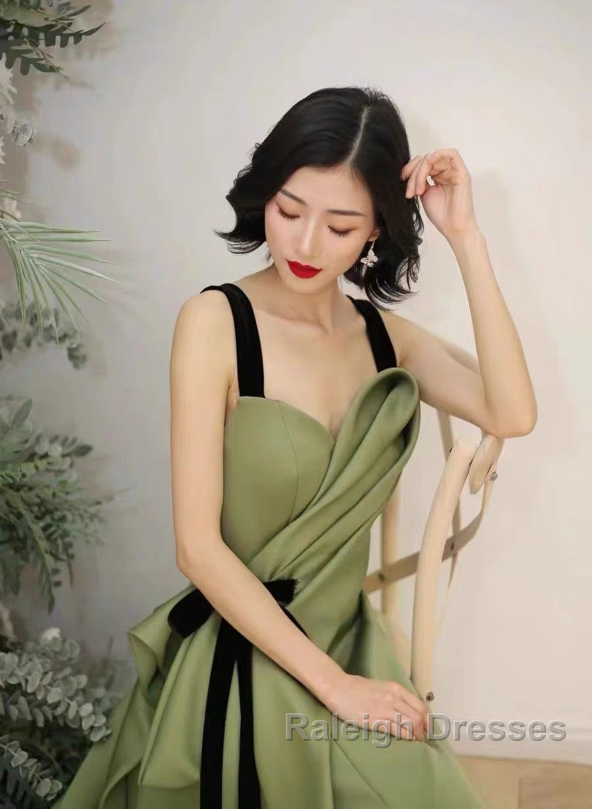 Green Satin Straps Long Party Dress, Green Satin Formal Dress Evening Dress Secondary image