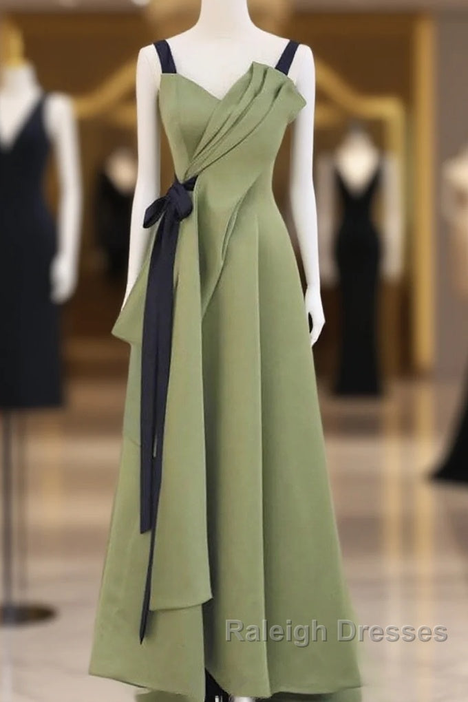 Green Satin Straps Long Party Dress, Green Satin Formal Dress Evening Dress Main image