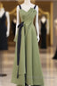 Green Satin Straps Long Party Dress, Green Satin Formal Dress Evening Dress
