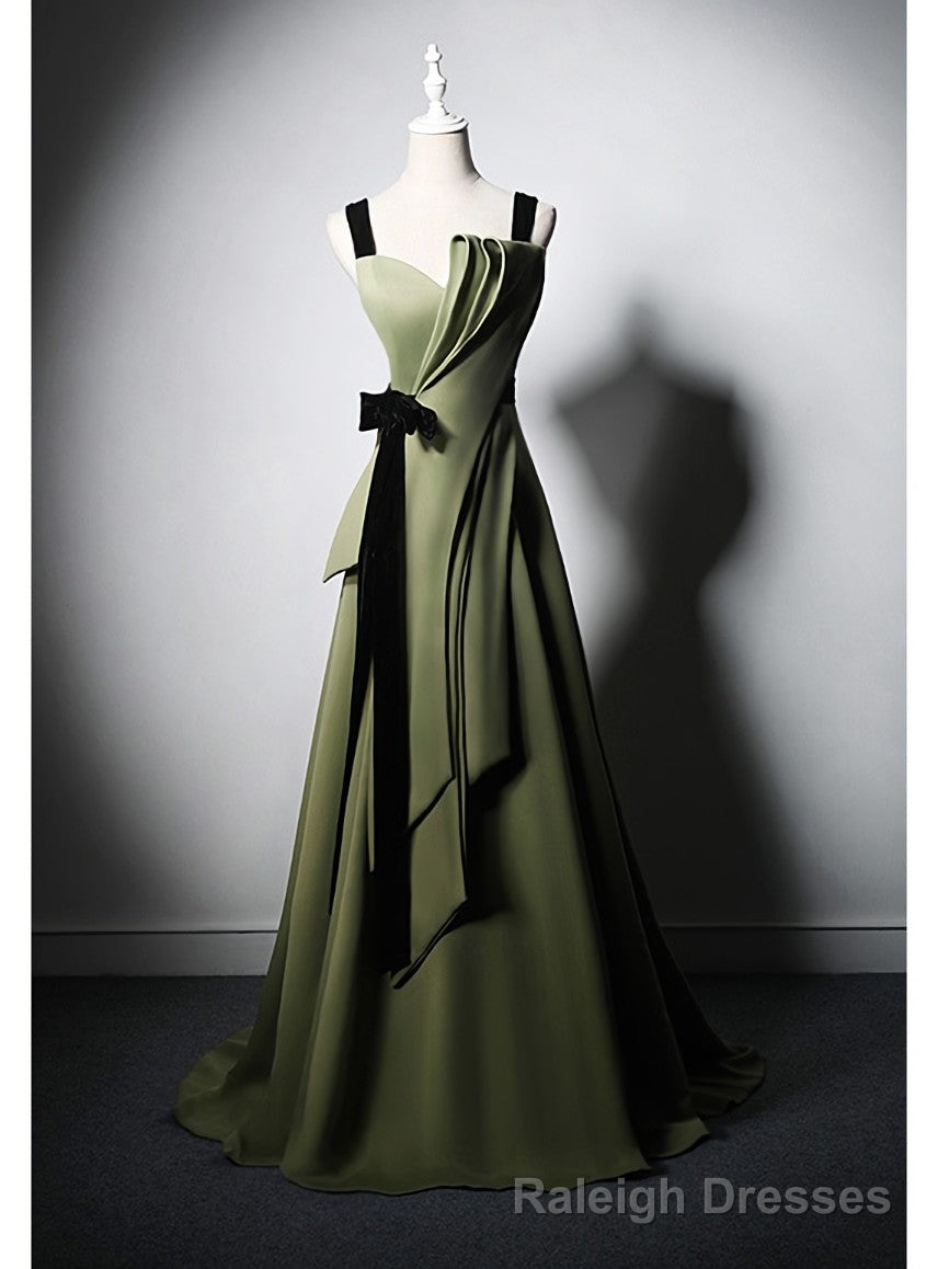 Green Satin Straps Pleats Black Velvet Prom Dress