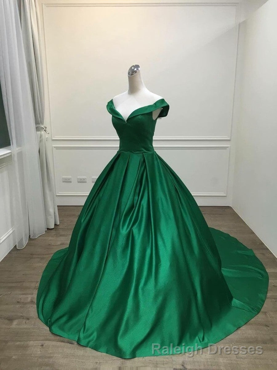 Green Satin Sweetheart Ball Gown Party Dress, Green Off Shoulder Evening Dress Prom Dress Main image