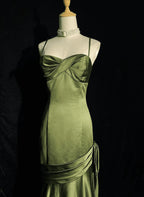 Green Satin Sweetheart Straps Long Evening Dress, Long Green Prom Dress