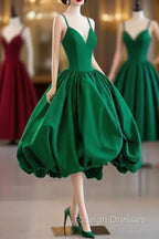 Green Satin Tea-Length Straps Prom Dress, Spaghetti Straps Homecoming Gown