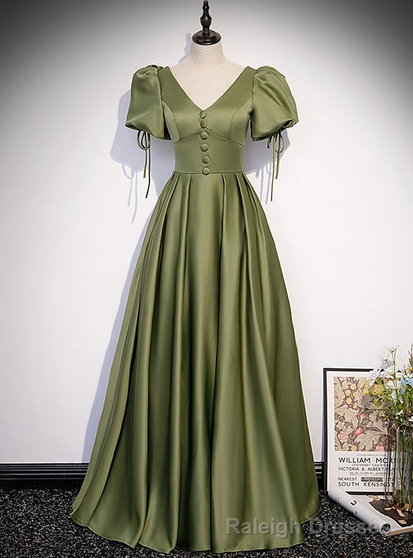 Green Satin V-neck Puff Sleeve Button Prom Dress Main image