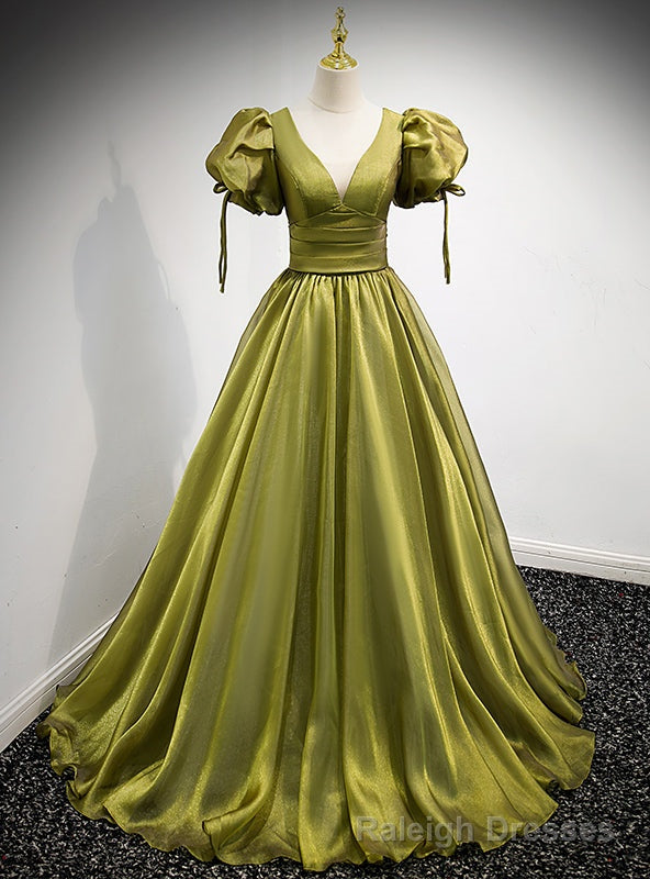 Green Satin V-neck Puff Sleeve Prom Dress Main image