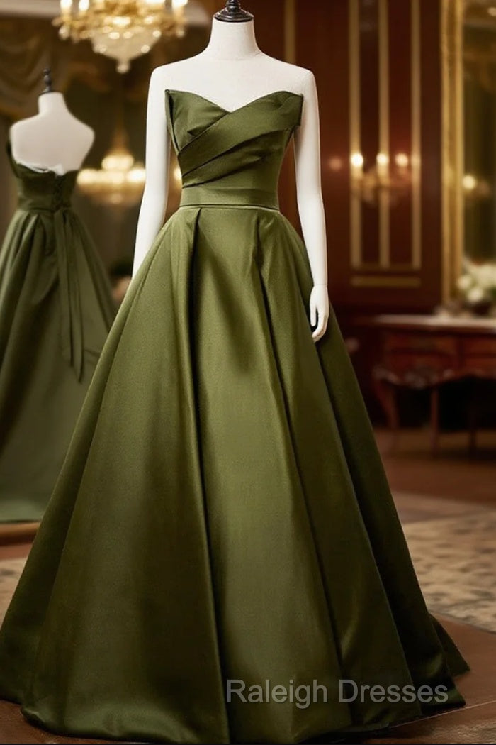 Green Satin V-Neckline Lace-Up Long Wedding Party Dress, Green Evening Dress Main image