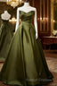 Green Satin V-Neckline Lace-Up Long Wedding Party Dress, Green Evening Dress