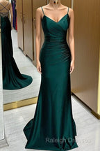 Green Satin V-Neckline Mermaid Straps Prom Gown Green Satin Prom Dresses