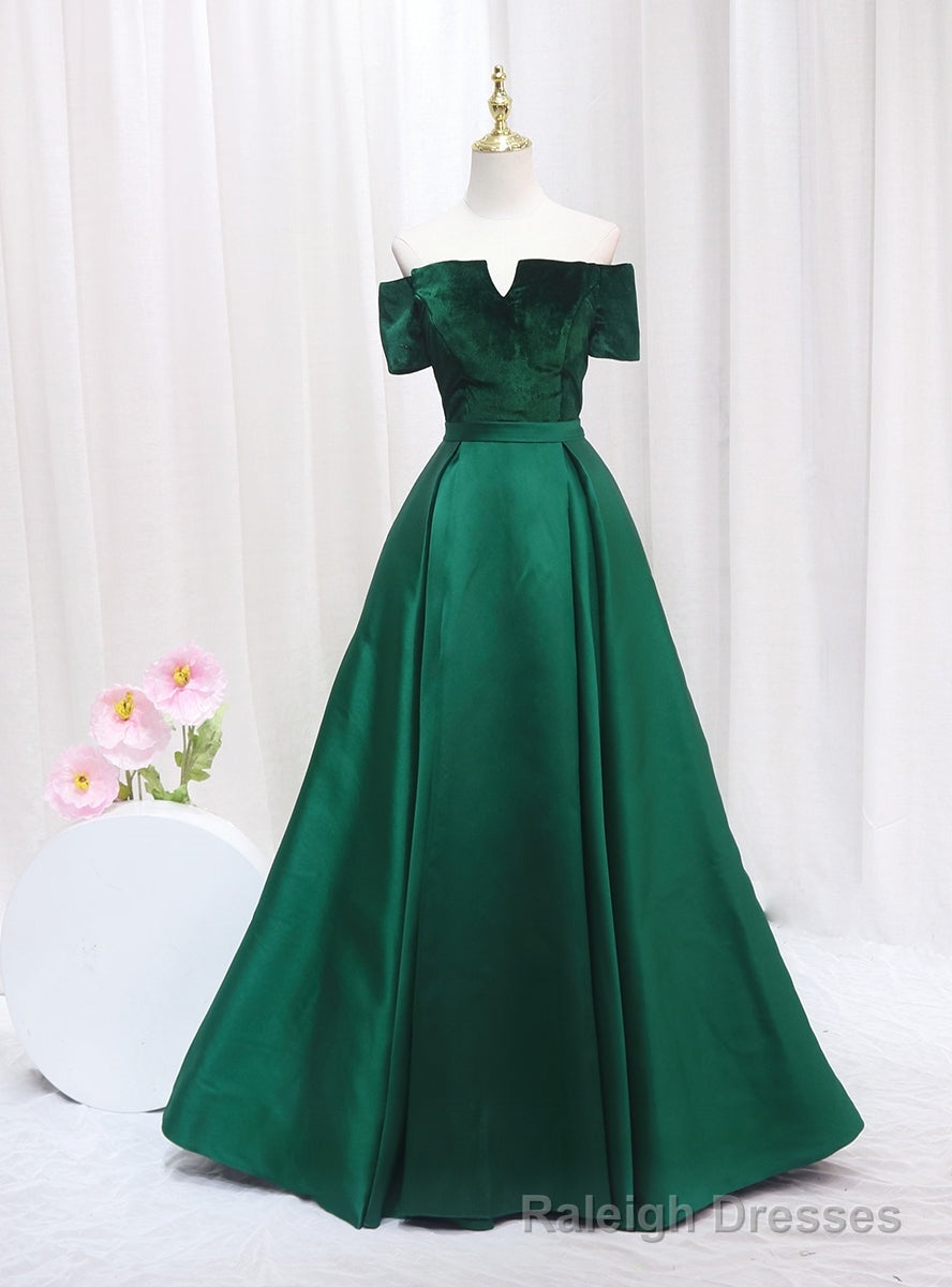 Green Satin Velvet Off the Shoulder Prom Dress Main image