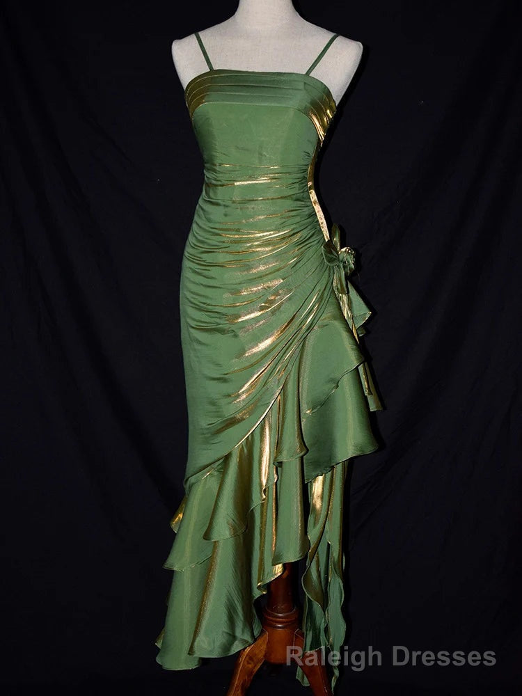 Green Satin Vintage Style High Low Party Dress, Mermaid Spaghetti Strap Dress Formal Dress Main image