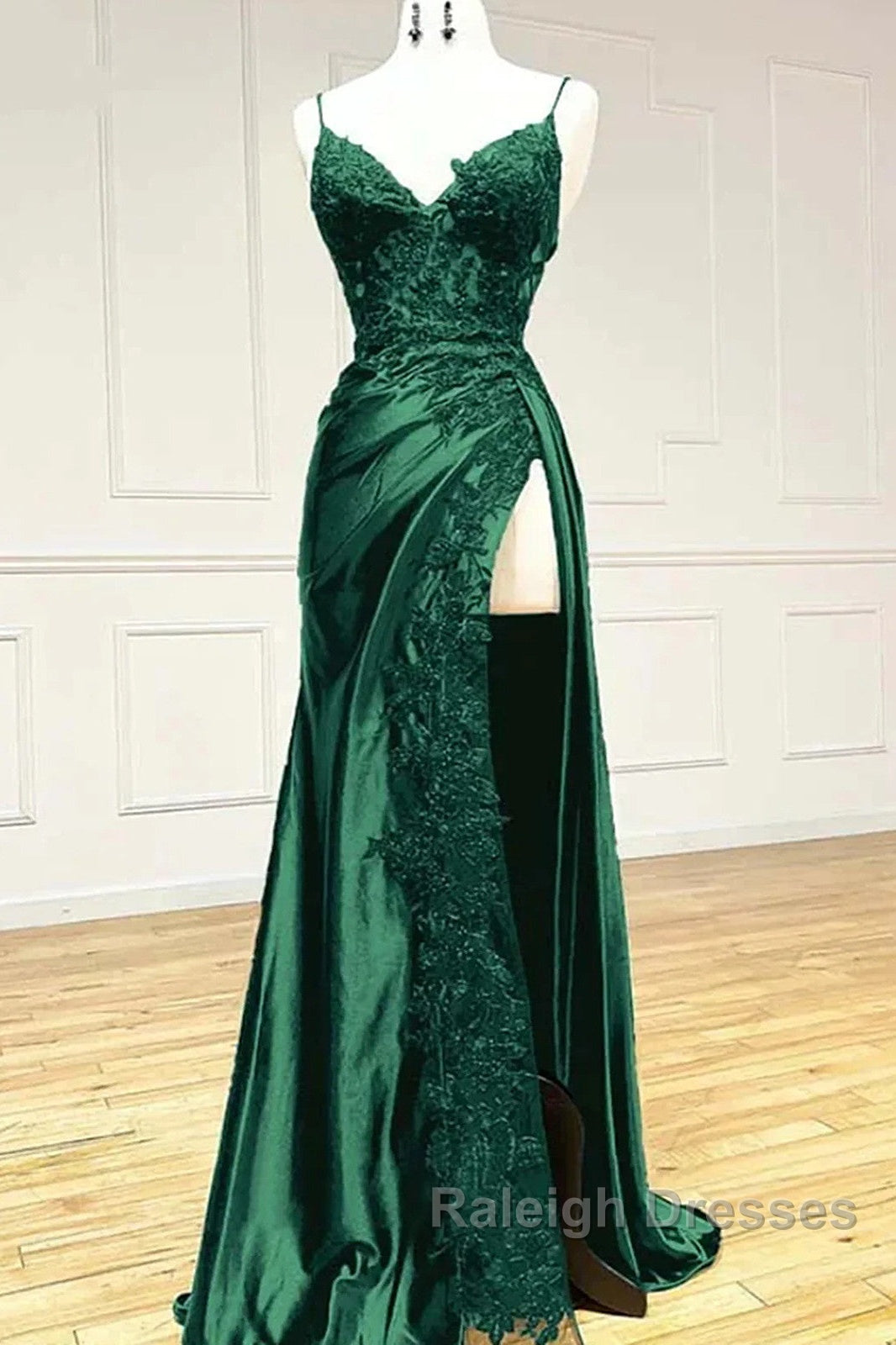 Green Satin With Lace Straps Long Evening Dress Prom Dress, Green Satin Party Dres