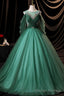 Green Scoop Neckline Tulle Formal Prom Dress, A Line Long Sleeve Prom Dress