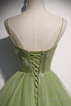 Green Scoop Tulle Floor Length Prom Dress, A Line Green Formal Dress