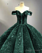 Green Sequin Off The Shoulder Ball Gown