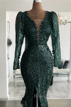 Green Sequin V Neck Mermaid Prom Dresses
