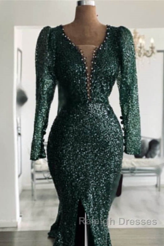 Green Sequin V Neck Mermaid Prom Dresses