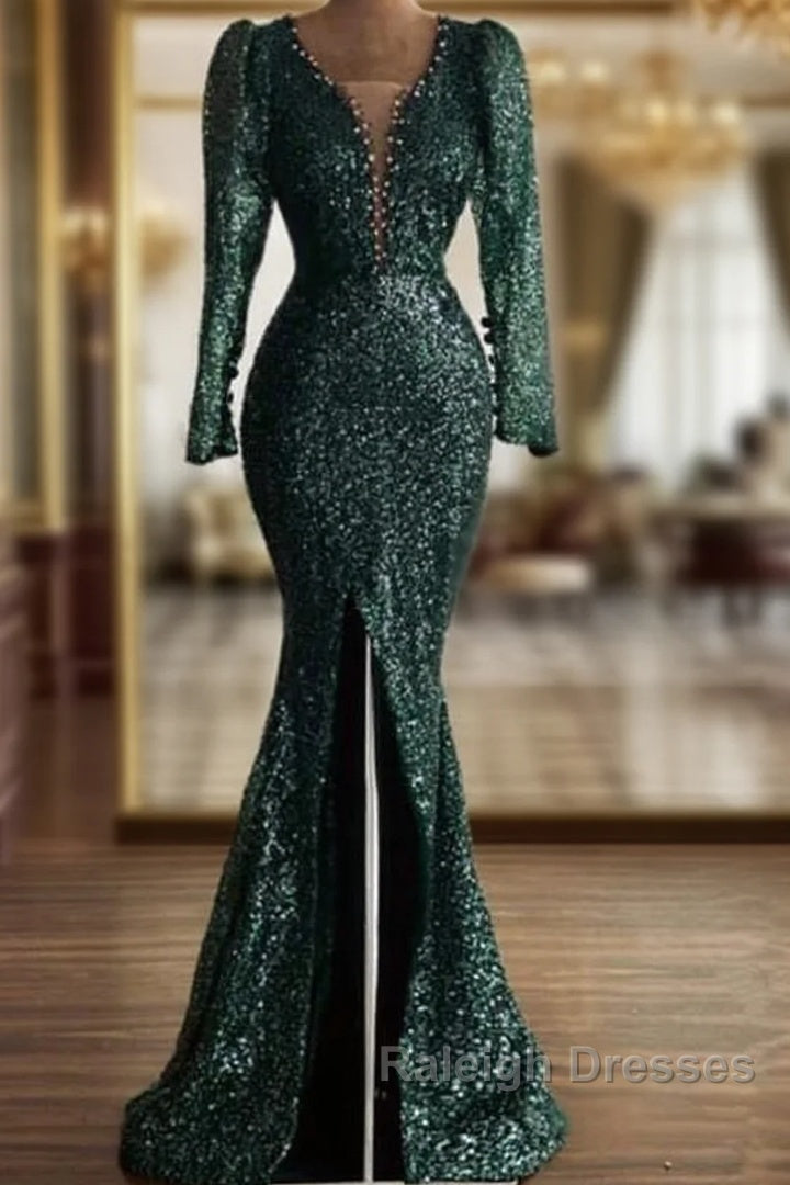 Green Sequin V Neck Mermaid Prom Dresses