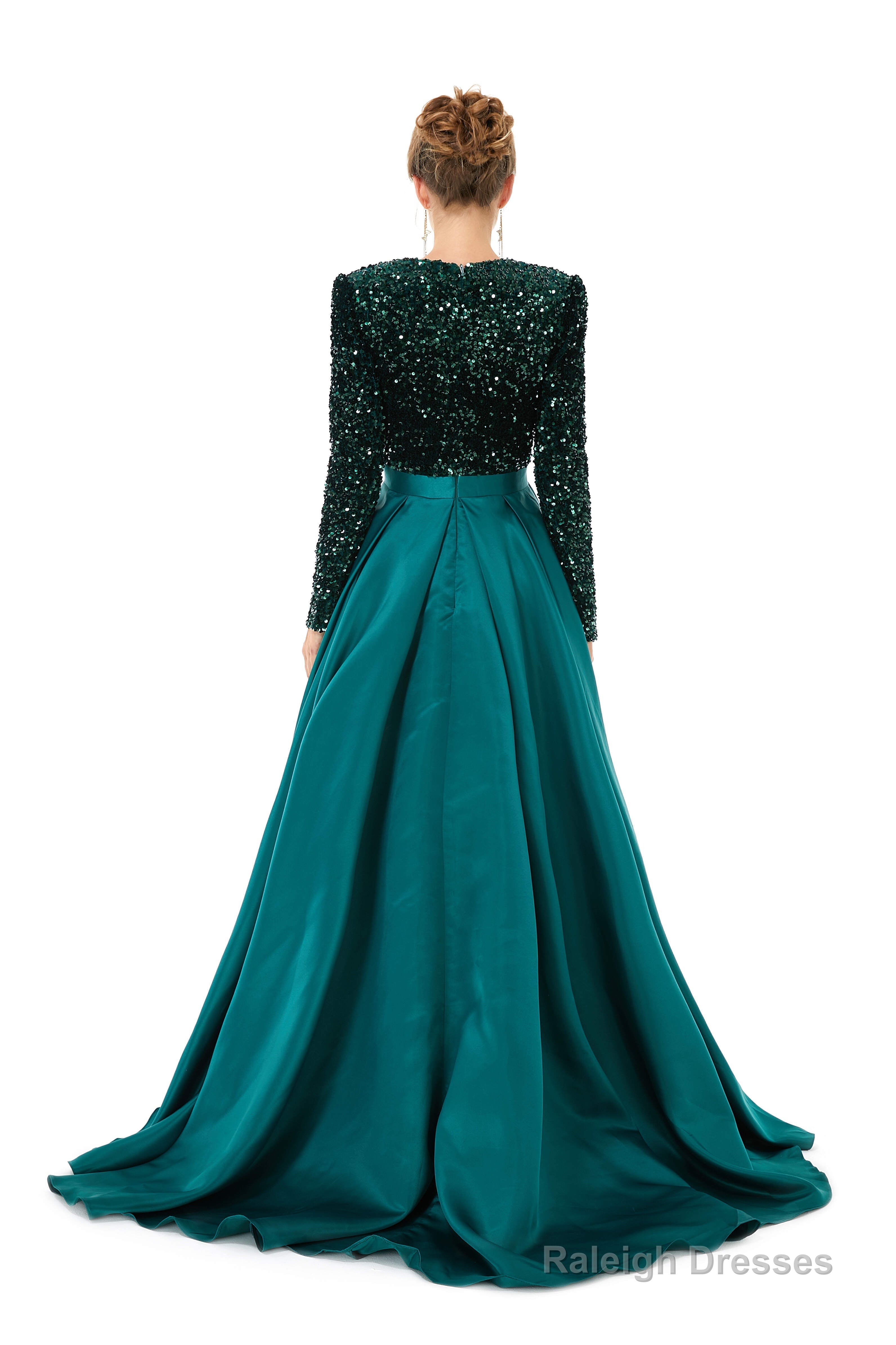 Sequined Satin A Line Front Slit V Neck Full Sleeve Sweep Train Long Prom Dresses