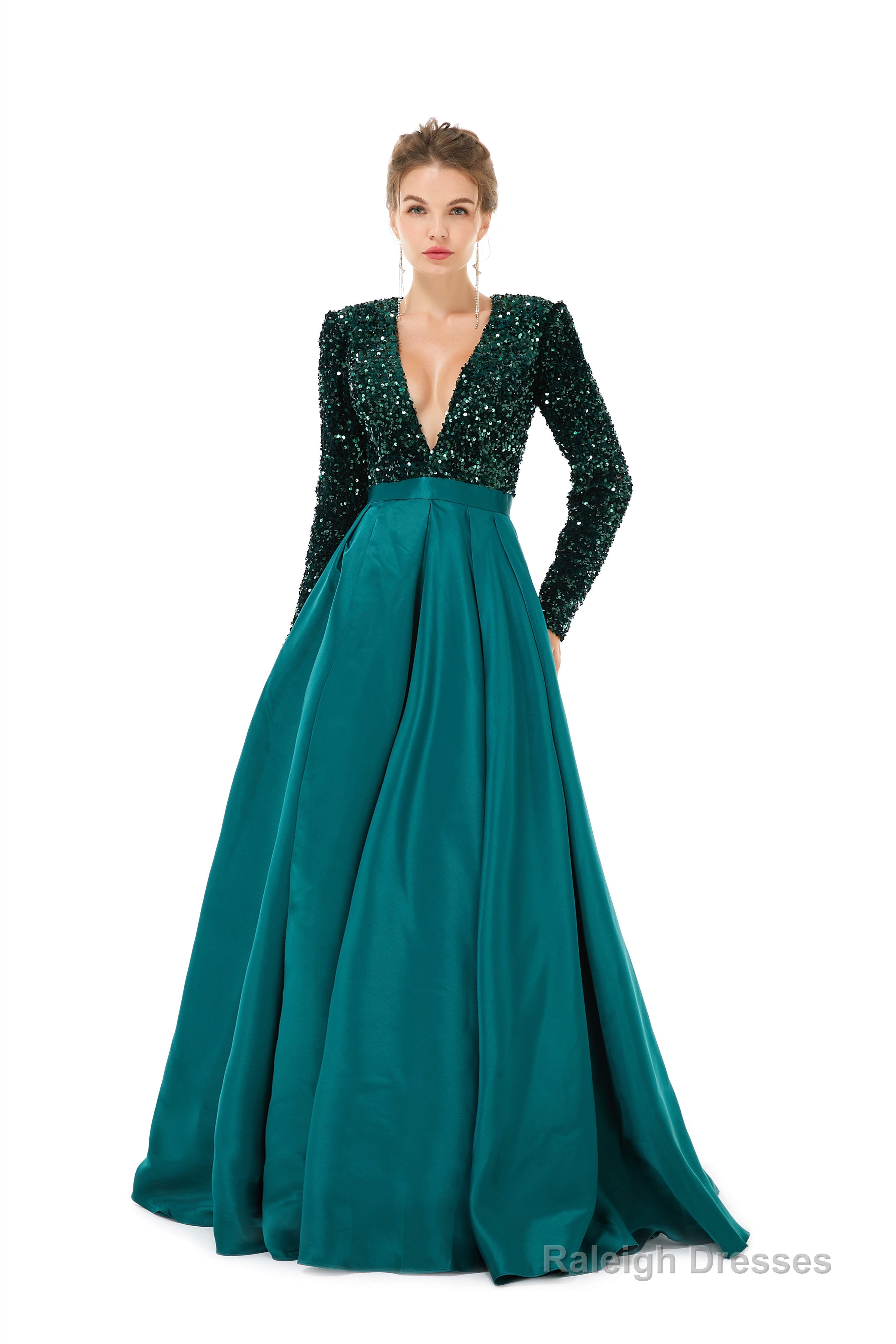 Sequined Satin A Line Front Slit V Neck Full Sleeve Sweep Train Long Prom Dresses