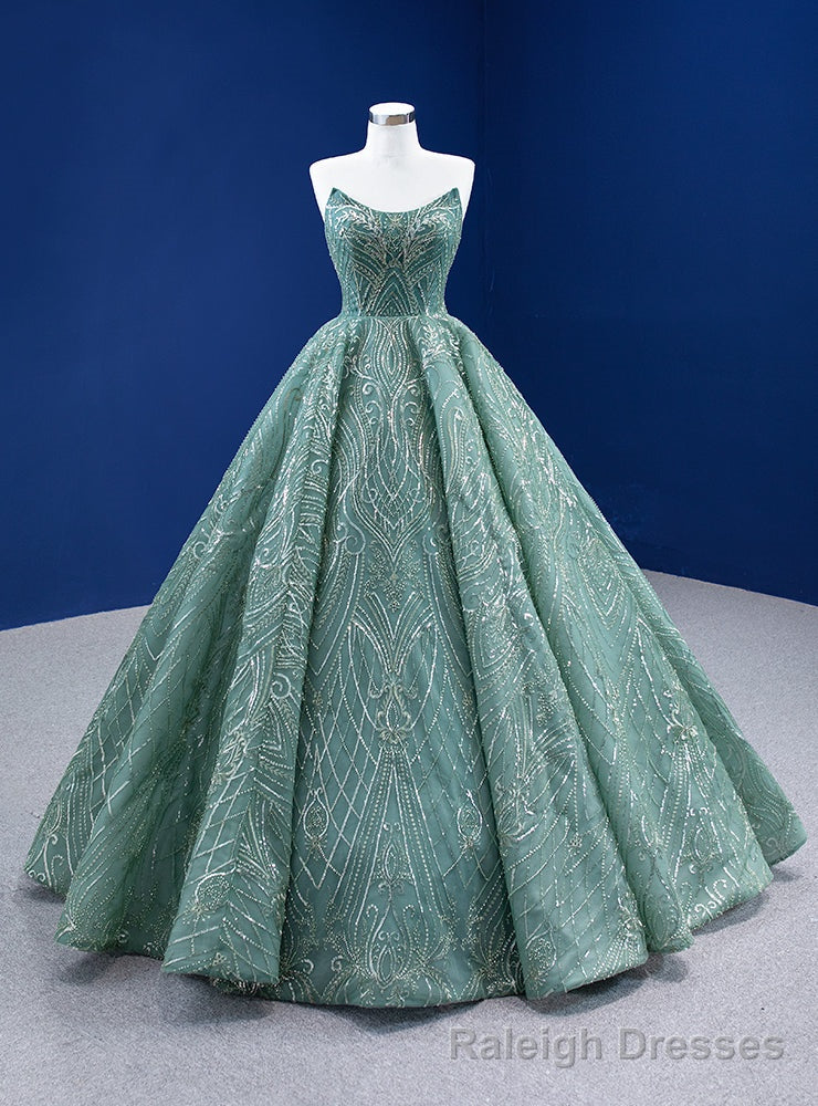 Green Sequins Appliques Strapless Prom Dress Main image