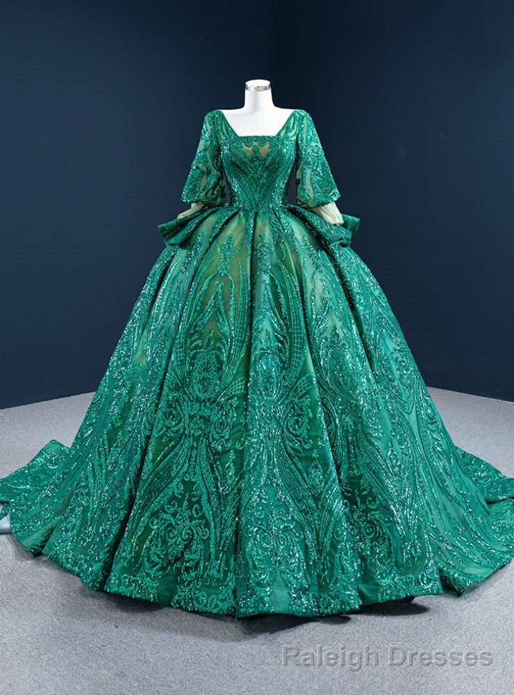 Green Sequins Short Sleeve Square Prom Dress With Train Main image