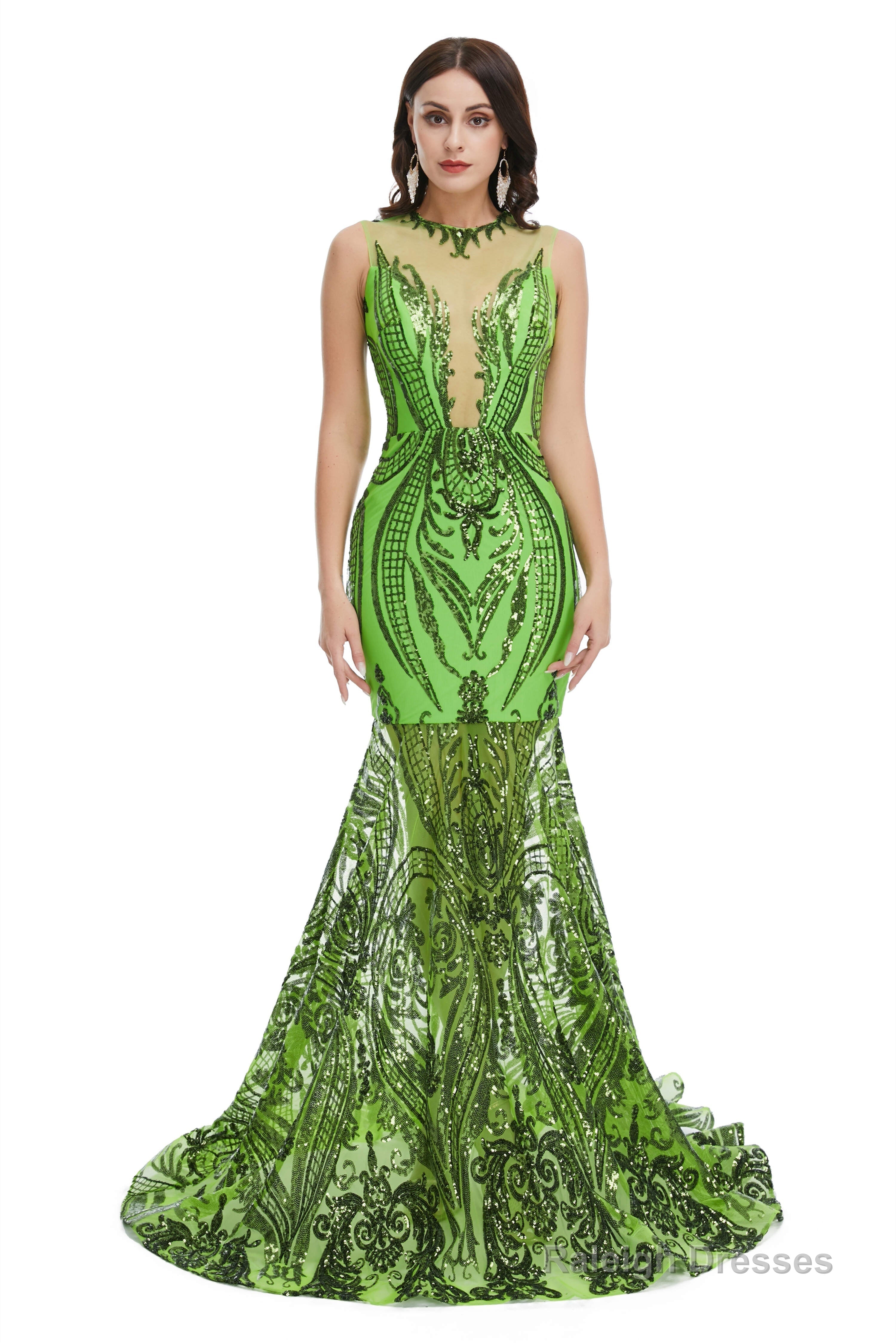 Sequins Sleeveless Floor Length Crew Neck Prom Dresses