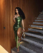 Green Sheath Prom Dress Long With Slit Black Girl Prom Dresses