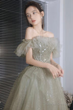 Green Shiny Tulle Long Prom Dress With Sequins, Green Evening Graduation Dress