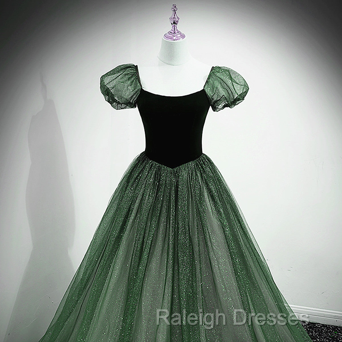 Green Shiny Tulle Short Sleevse Long Formal Dress, Green A-Line Prom Dress Party Dress Secondary image