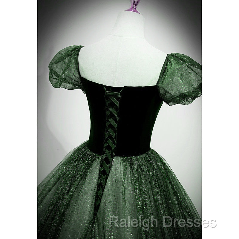 Green Shiny Tulle Short Sleevse Long Formal Dress, Green A-Line Prom Dress Party Dress