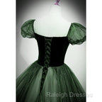 Green Shiny Tulle Short Sleevse Long Prom Dresses Green A Line Prom Dresseses