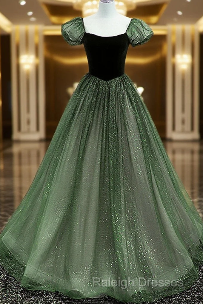 Green Shiny Tulle Short Sleevse Long Formal Dress, Green A-Line Prom Dress Party Dress Main image