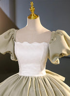 Green Short Sleeves Ball Gown Satin Long Party Dress, Green Long Formal Dress