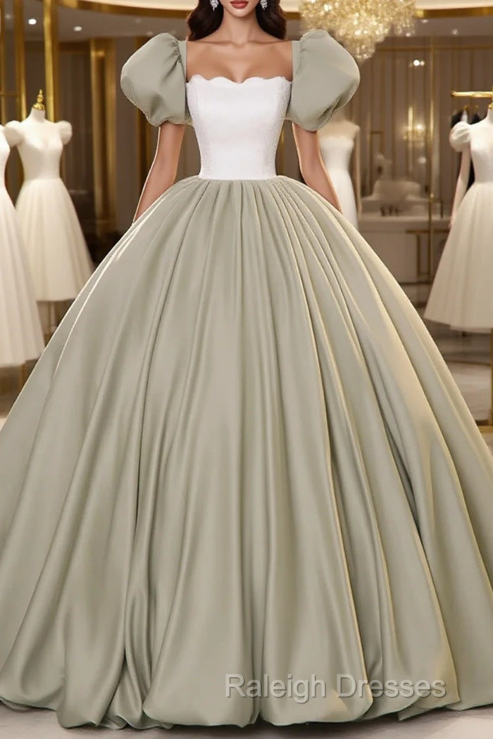 Green Short Sleeves Ball Gown Satin Long Party Dress, Green Long Formal Dress