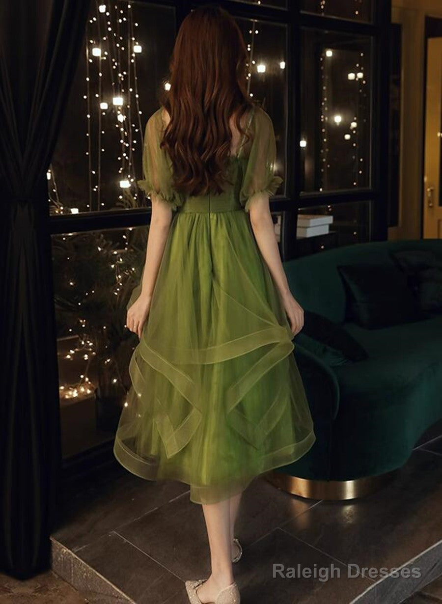 Green Short Sleeves Tulle Tea Length Wedding Party Dress, Green Prom Dress